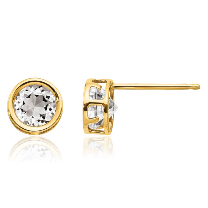 14K Solid Yellow Gold 5mm White Topaz Studs Gemstone Solitaire Earrings April Birthstone Jewelry