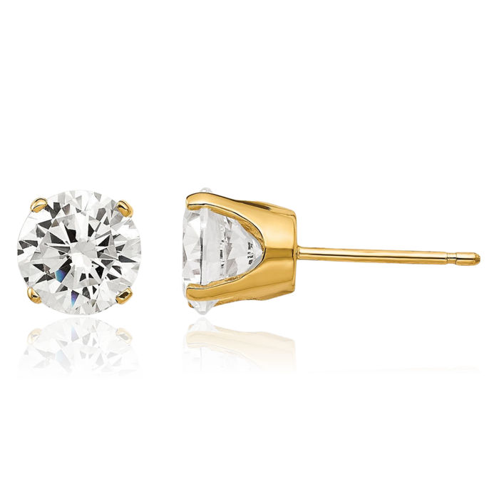 14K Solid Yellow Gold 6.5mm Cubic Zirconia CZ Stud Earrings