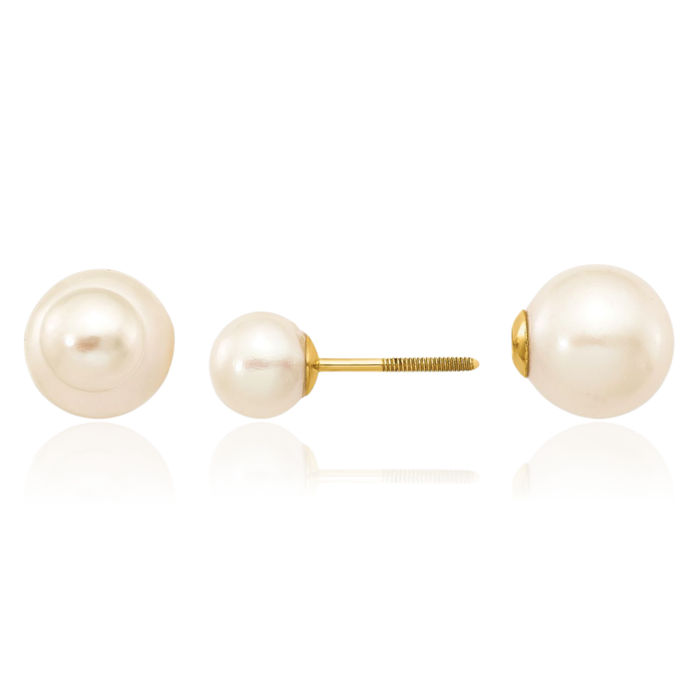 14K Solid Yellow Gold 6mm 9mm White Round Freshwater Cultured Pearl Screw Back Stud Earrings