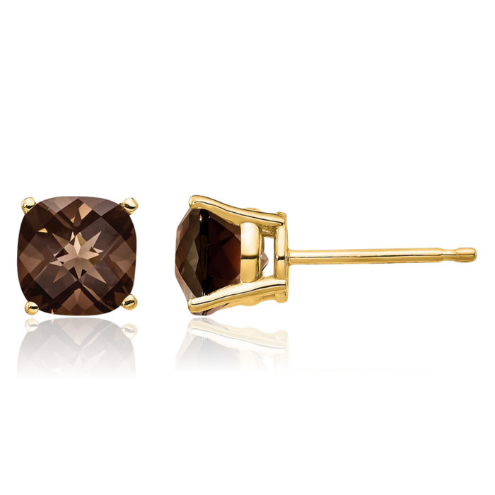 14K Solid Yellow Gold 6mm Cushion-Cut Brown Smoky Quartz Studs Gemstone Earrings June Birthstone Jewelry