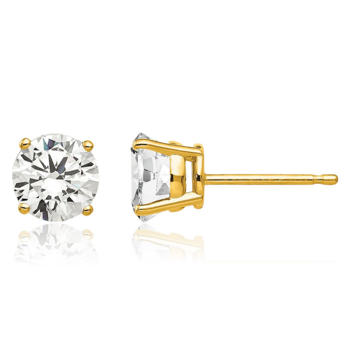 14K Solid Yellow Gold 6mm Cubic Zirconia CZ Stud Solitaire Earrings April Birthstone Jewelry