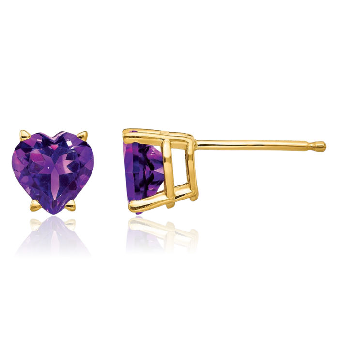 14K Solid Yellow Gold 6mm Heart Purple Amethyst Studs Gemstone Earrings February Birthstone Jewelry