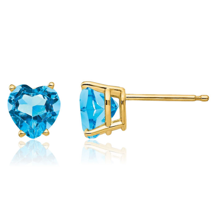 14K Solid Yellow Gold 6mm Heart Swiss Blue Topaz Studs Gemstone Earrings December Birthstone Jewelry