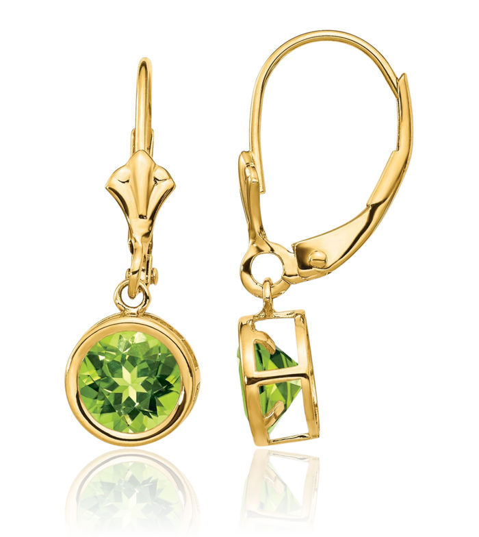 14K Solid Yellow Gold 6mm Green Peridot Drop Dangle Earrings Gemstone