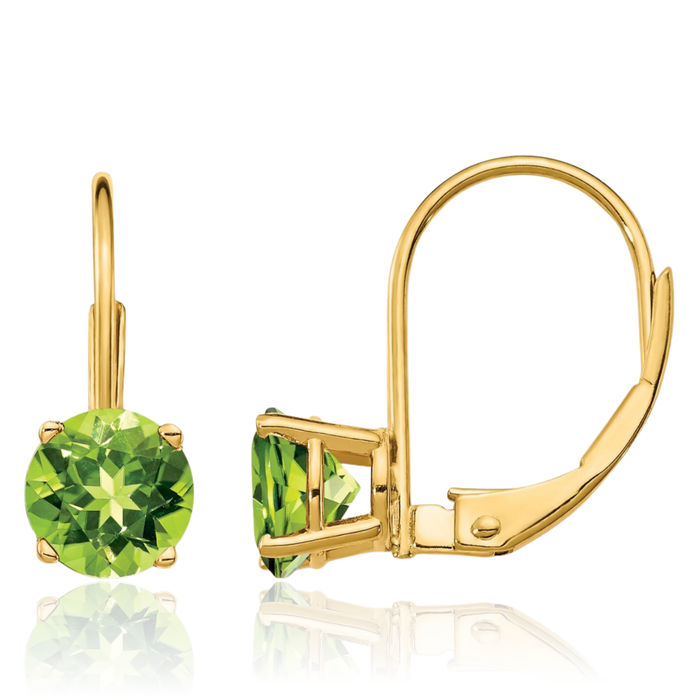 14K Solid Yellow Gold 6mm Green Peridot Drop Dangle Earrings Gemstone