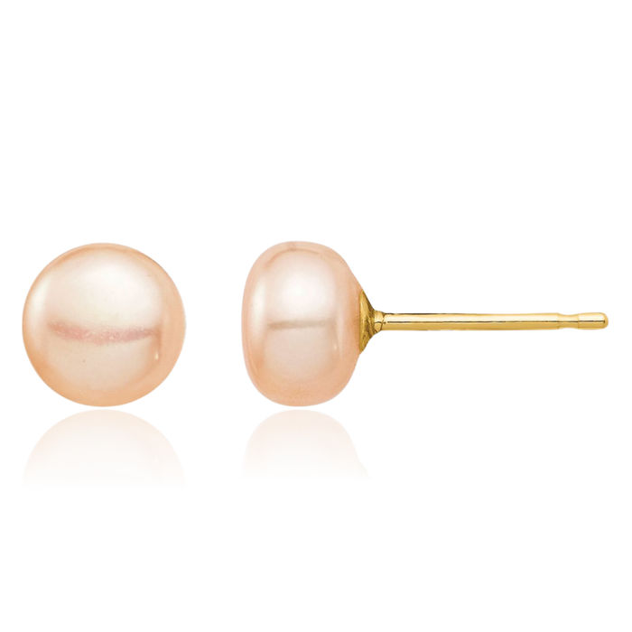 14K Solid Yellow Gold 6mm Pink Button Freshwater Cultured Pearl Stud Earrings Silicone Backs