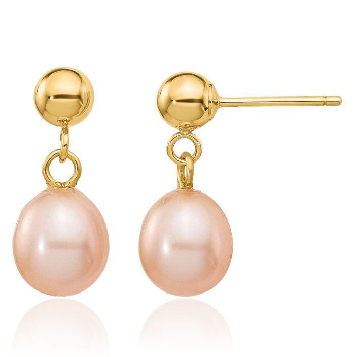 14K Solid Yellow Gold 6mm Pink Rice Freshwater Cultured Pearl Post Drop Dangle Earrings