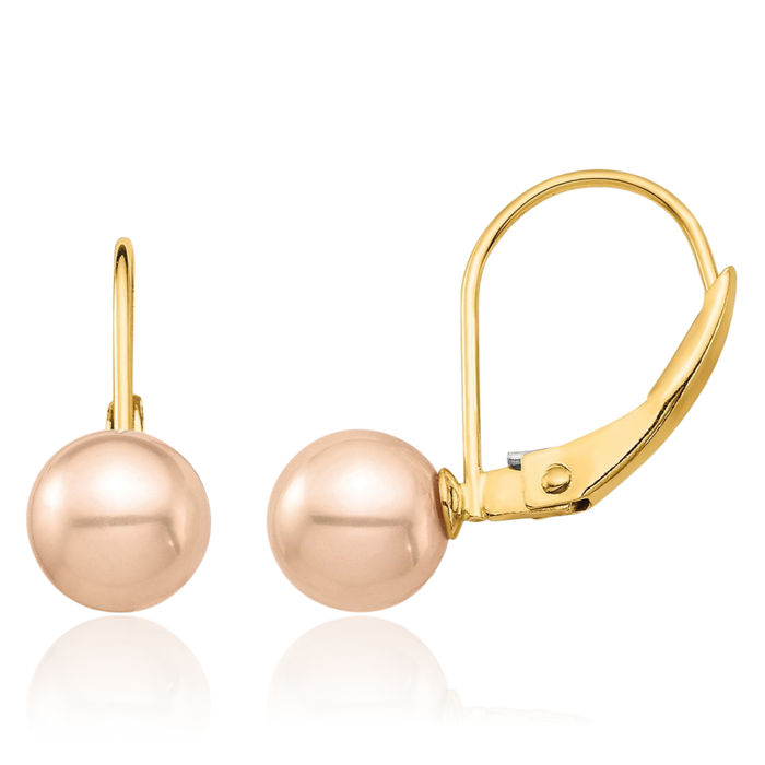 14K Solid Yellow Gold 6mm Pink Round Freshwater Cultured Pearl Drop Dangle Earrings