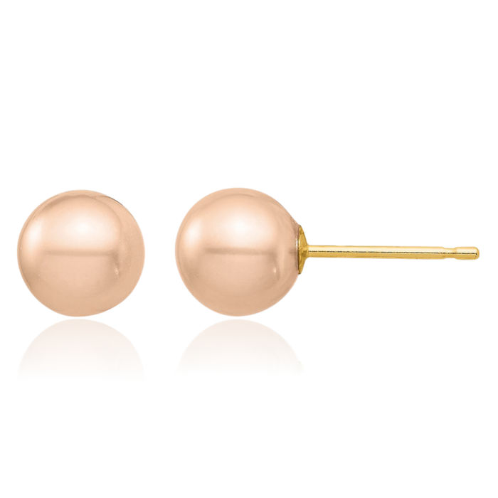 14K Solid Yellow Gold 6mm Pink Round Freshwater Cultured Pearl Stud Earrings Silicone Backs