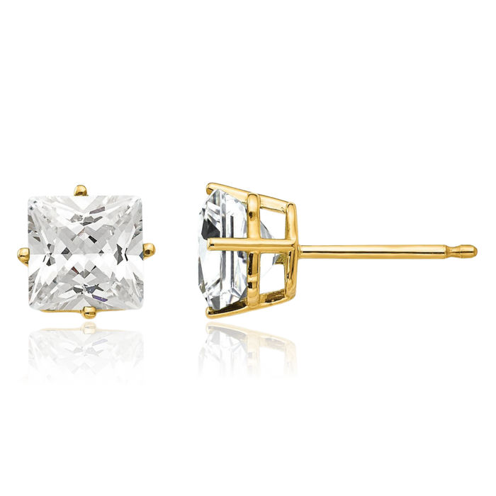 14K Solid Yellow Gold 6mm Princess-Cut Square Cubic Zirconia CZ Studs Gemstone Solitaire Earrings April Birthstone Jewelry