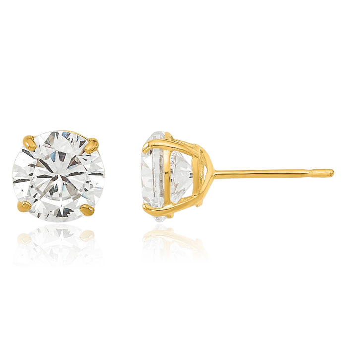 14K Solid Yellow Gold 6mm Round Cubic Zirconia CZ Stud Earrings