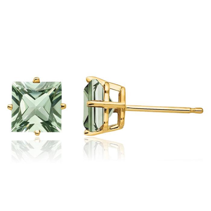 14K Solid Yellow Gold 6mm Square Green Quartz Studs Gemstone Solitaire Earrings August Birthstone Jewelry