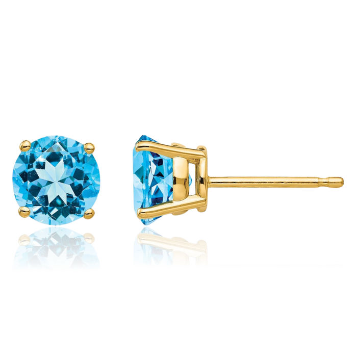 14K Solid Yellow Gold 6mm Swiss Blue Topaz Studs Gemstone Solitaire Earrings December Birthstone Jewelry