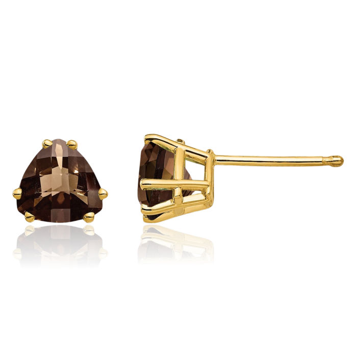 14K Solid Yellow Gold 6mm Trillion Checker Cut Brown Smoky Quartz Studs Gemstone Solitaire Earrings June Birthstone Jewelry