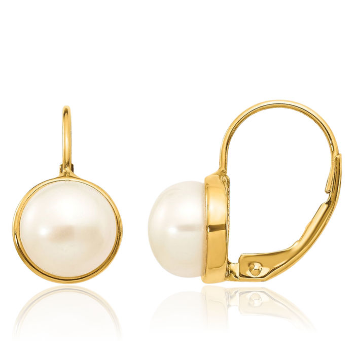 14K Solid Yellow Gold 6mm White Button Freshwater Cultured Pearl Drop Dangle Earrings