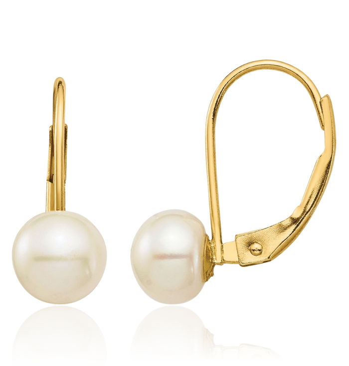 14K Solid Yellow Gold 6mm White Button Freshwater Cultured Pearl Drop Dangle Earrings Gemstone