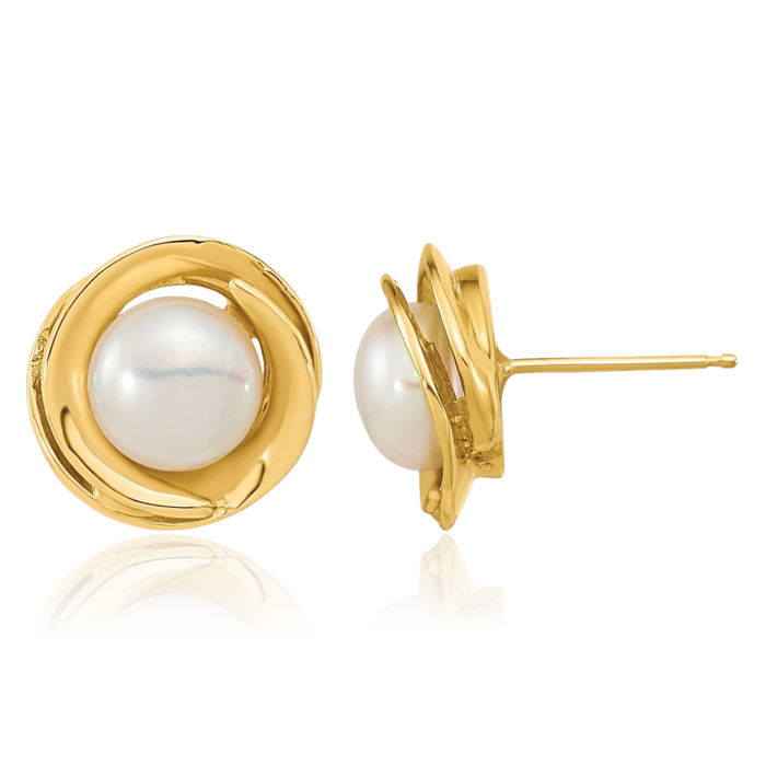 14K Solid Yellow Gold 6mm White Button Freshwater Cultured Pearl Stud Earrings