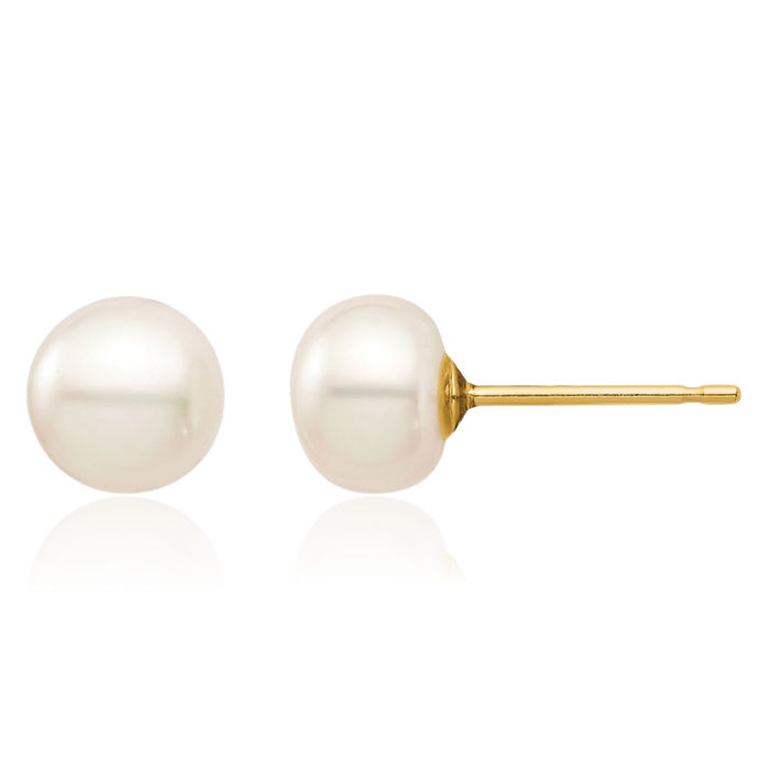 14K Solid Yellow Gold 6mm White Button Freshwater Cultured Pearl Stud Earrings Silicone Backs