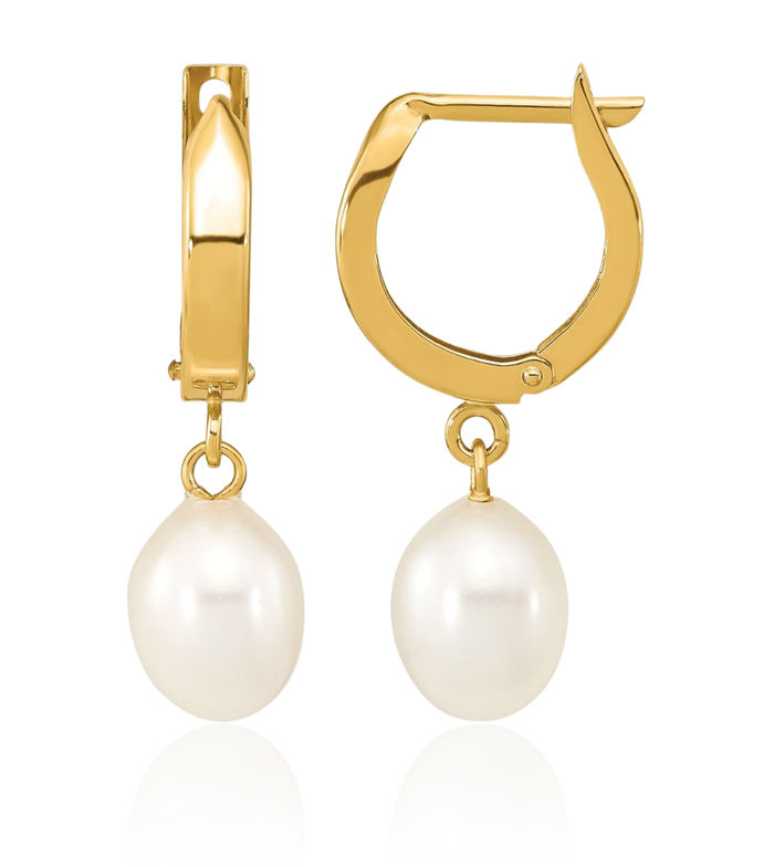 14K Solid Yellow Gold 6mm White Rice Freshwater Cultured Pearl Medium Hoop Drop Dangle Earrings