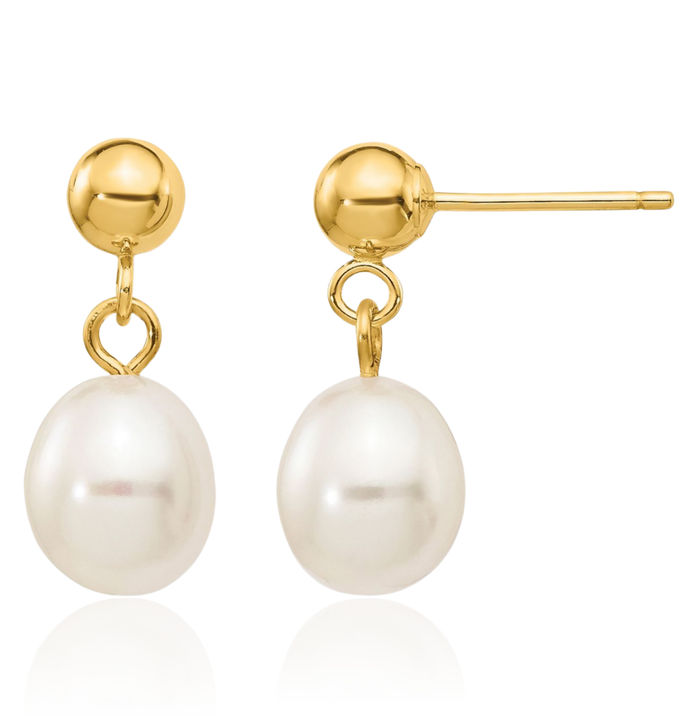 14K Solid Yellow Gold 6mm White Rice Freshwater Cultured Pearl Post Drop Dangle Earrings