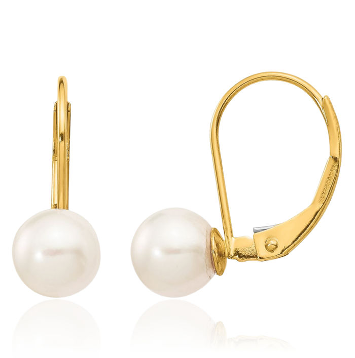 14K Solid Yellow Gold 6mm White Round Akoya Saltwater Cultured Pearl Drop Dangle Earrings Gemstone