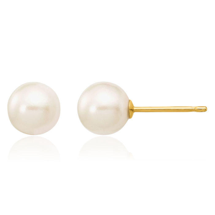 14K Solid Yellow Gold 6mm White Round Akoya Saltwater Cultured Pearl Stud Earrings