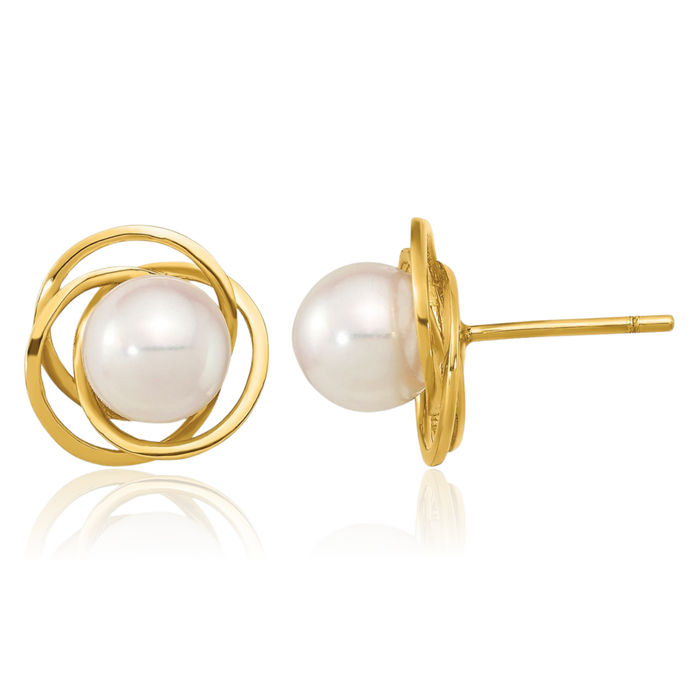 14K Solid Yellow Gold 6mm White Round Akoya Saltwater Cultured Pearl Stud Earrings