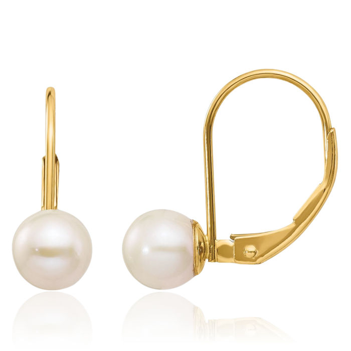 14K Solid Yellow Gold 6mm White Round Freshwater Cultured Pearl Drop Dangle Earrings Gemstone