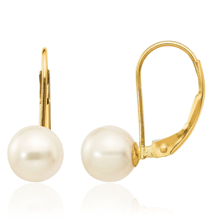 14K Solid Yellow Gold 6mm White Round Freshwater Cultured Pearl Drop Dangle Earrings