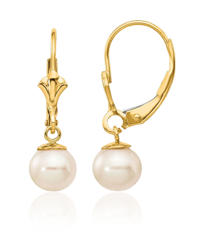 14K Solid Yellow Gold 6mm White Round Freshwater Cultured Pearl Drop Dangle Earrings