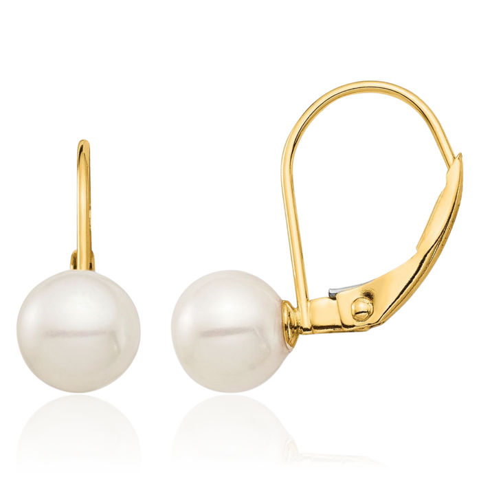 14K Solid Yellow Gold 6mm White Round Freshwater Cultured Pearl Drop Dangle Earrings