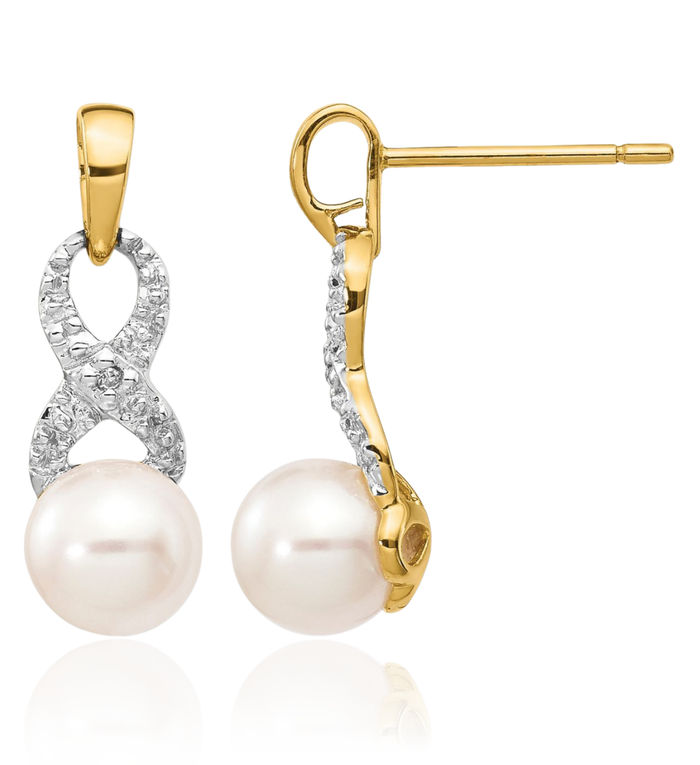 14K Solid Yellow Gold 6mm White Round Freshwater Cultured Pearl Diamond Drop Dangle Earrings