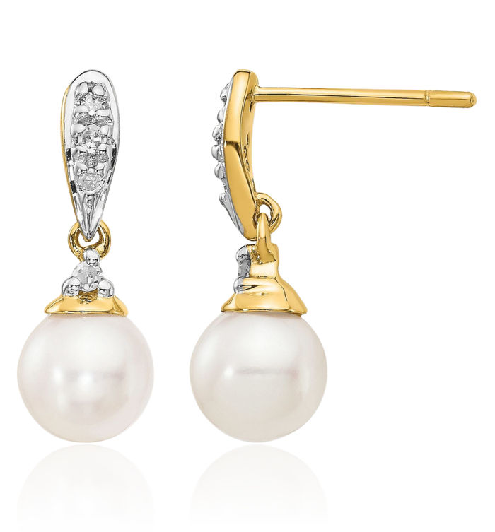 14K Solid Yellow Gold 6mm White Round Freshwater Cultured Pearl Diamond Drop Dangle Earrings