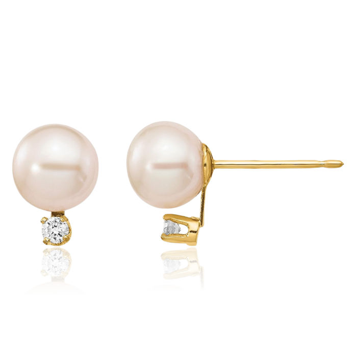 14K Solid Yellow Gold 6mm White Round Freshwater Cultured Pearl Diamond Stud Earrings