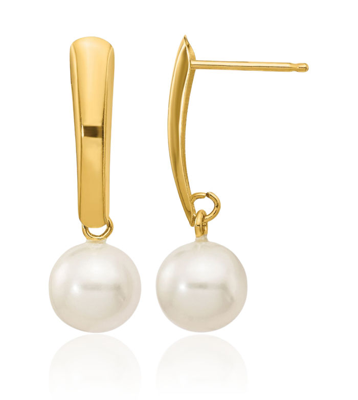 14K Solid Yellow Gold 6mm White Round Freshwater Cultured Pearl Post Drop Dangle Earrings