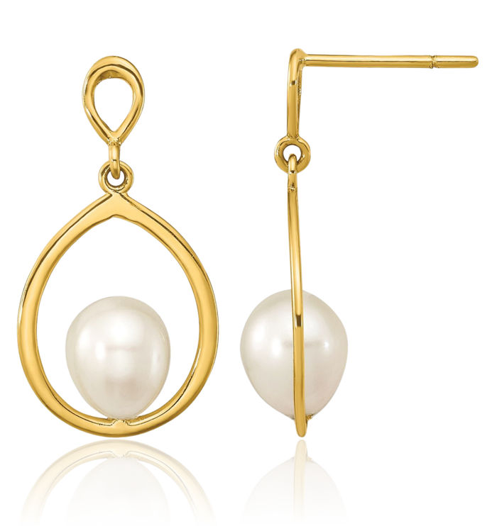 14K Solid Yellow Gold 6mm White Teardrop Freshwater Cultured Pearl Post Drop Dangle Earrings