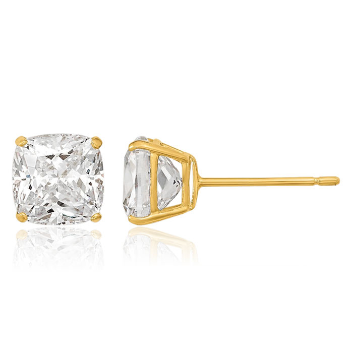 14K Solid Yellow Gold 6x6 Cushion-Cut Cubic Zirconia CZ Stud Earrings