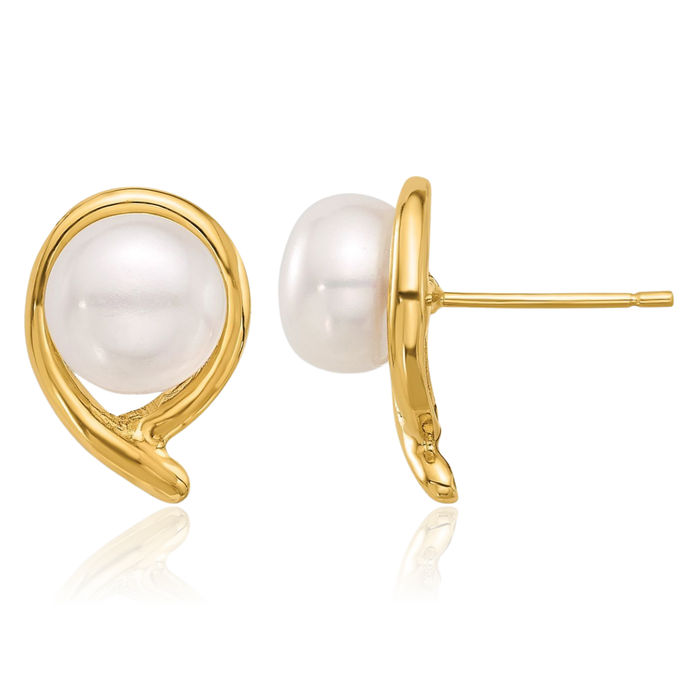 14K Solid Yellow Gold 7mm Button White Freshwater Cultured Pearl Stud Earrings