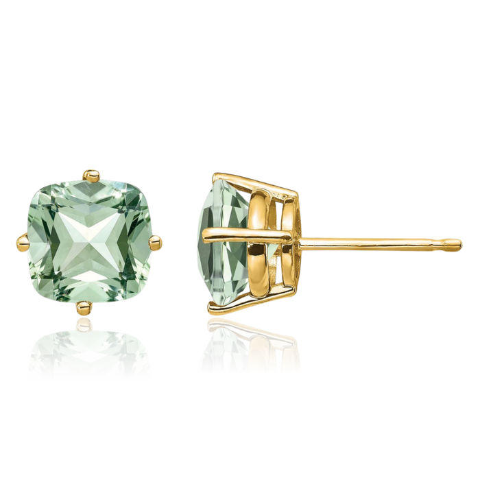 14K Solid Yellow Gold 7mm Cushion-Cut Green Quartz Studs Gemstone Earrings August Birthstone Jewelry