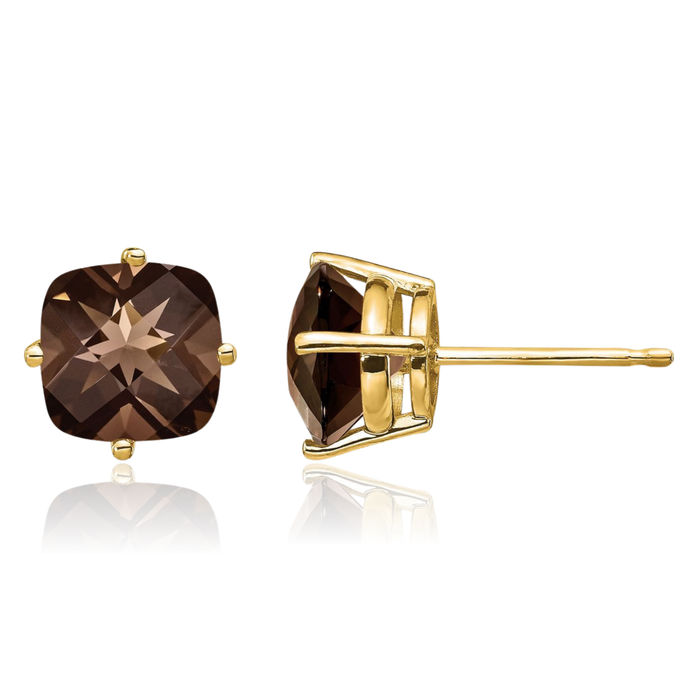 14K Solid Yellow Gold 7mm Cushion-Cut Brown Smoky Quartz Studs Gemstone Earrings June Birthstone Jewelry