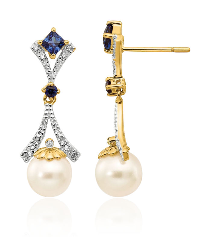 14K Solid Yellow Gold 7mm Freshwater Cultured Pearl Lab Blue Sapphire Diamond Drop Dangle Earrings