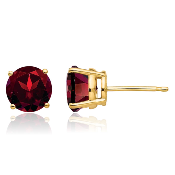 14K Solid Yellow Gold 7mm Red Garnet Studs Gemstone Solitaire Earrings January Birthstone Jewelry