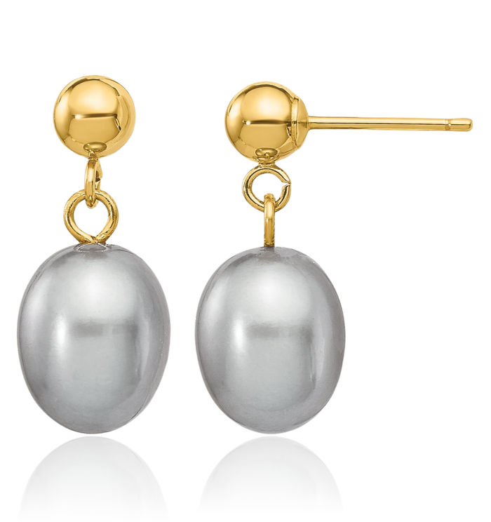 14K Solid Yellow Gold 7mm Grey Rice Freshwater Cultured Pearl Post Drop Dangle Earrings