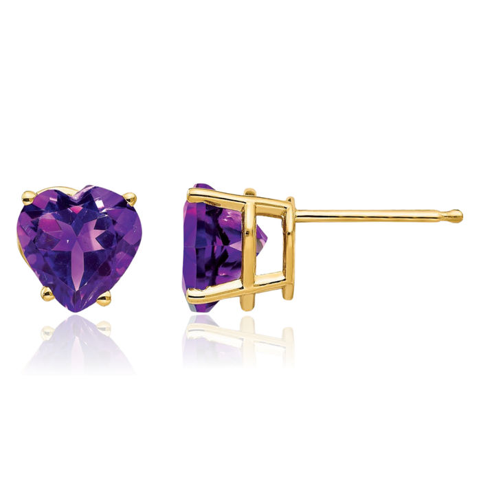 14K Solid Yellow Gold 7mm Heart Purple Amethyst Studs Gemstone Earrings February Birthstone Jewelry