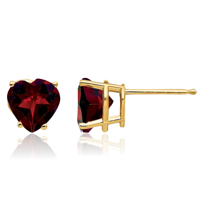 14K Solid Yellow Gold 7mm Heart Red Garnet Studs Gemstone Earrings January Birthstone Jewelry