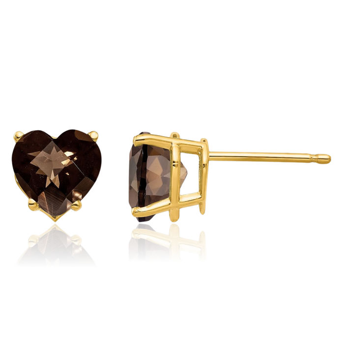 14K Solid Yellow Gold 7mm Heart Checker Cut Brown Smoky Quartz Studs Gemstone Earrings June Birthstone Jewelry