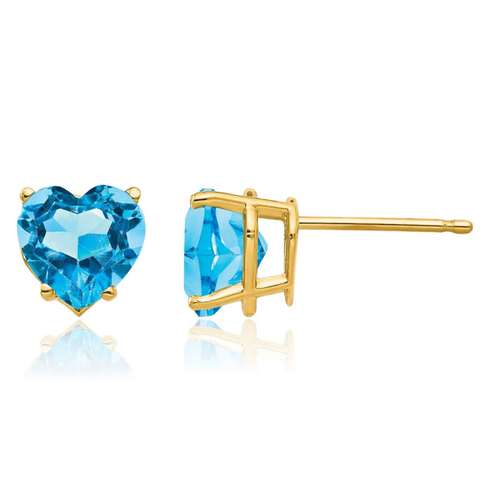 14K Solid Yellow Gold 7mm Heart Swiss Blue Topaz Studs Gemstone Earrings December Birthstone Jewelry