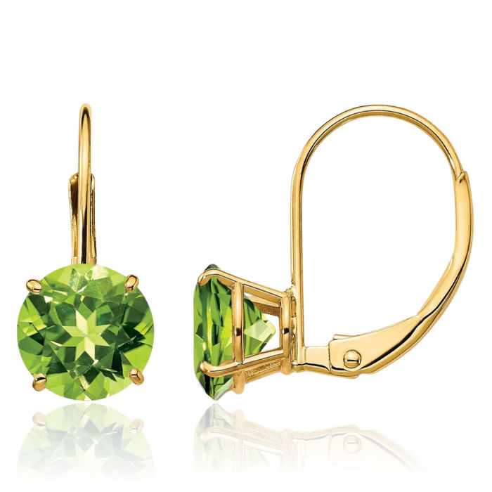 14K Solid Yellow Gold 7mm Green Peridot Drop Dangle Earrings Gemstone