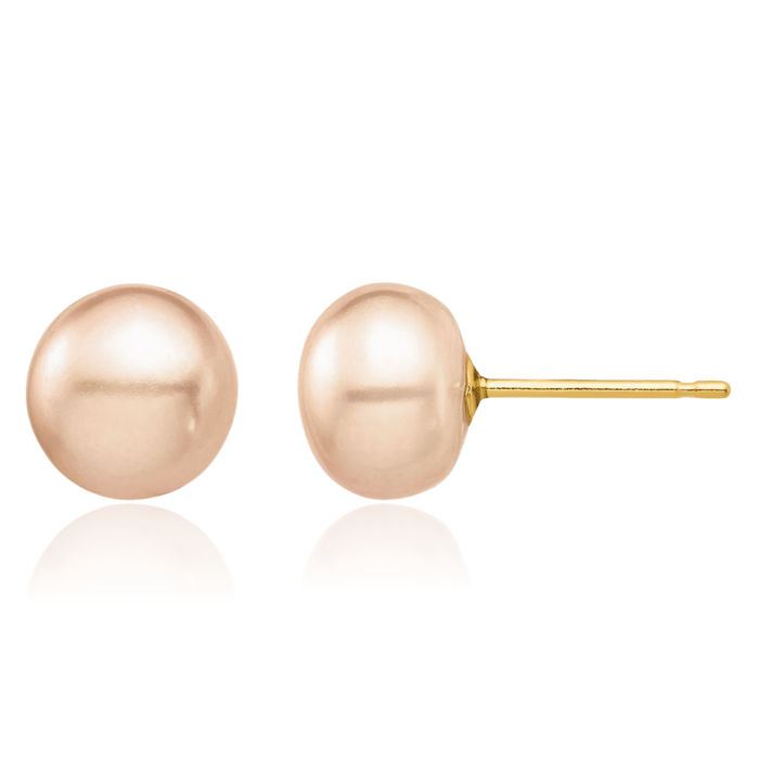 14K Solid Yellow Gold 7mm Pink Button Freshwater Cultured Pearl Stud Earrings Silicone Backs