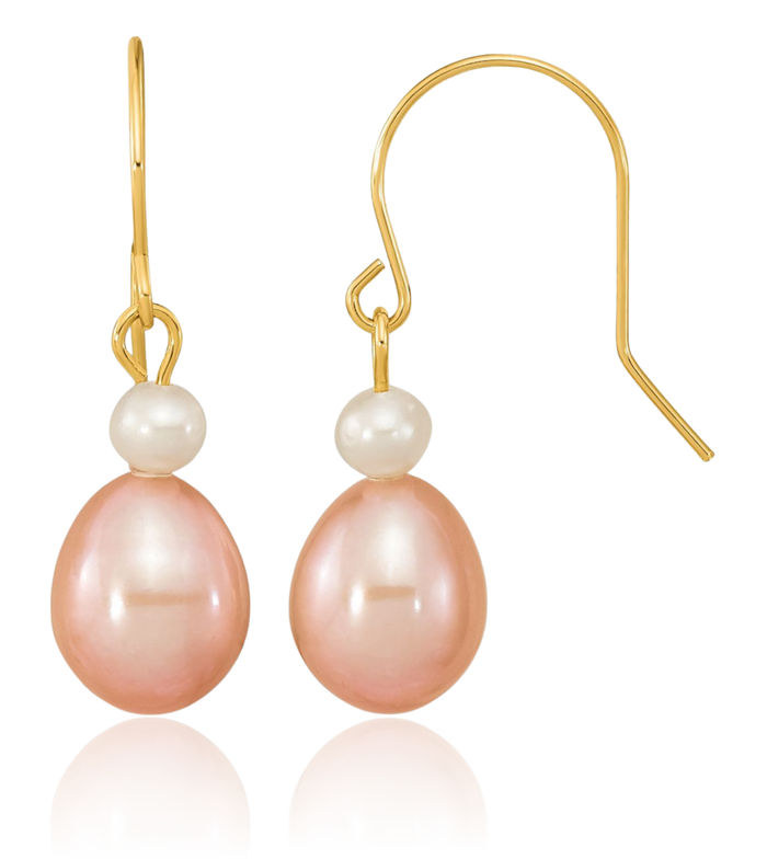 14K Solid Yellow Gold 7mm Pink Rice White Round Freshwater Cultured Pearl Drop Dangle Earrings